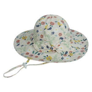 Baby Sonnenhut aus Baumwolle mit Blumenmuster, großer Krempe, Schleife und Windschutzband