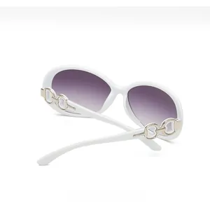 Close-up of white oversized frame sunglasses with purple gradient lenses and metal hinges