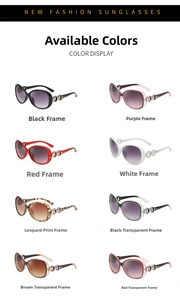 Matrix showing eight color options for oversized UV400 fashion sunglasses with metal accents