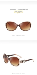 Detail of oversized sunglasses featuring brown transparent frames and double-D metal hinge