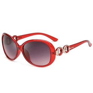 Elegant oversized women sunglasses with red translucent frame and purple gradient lenses