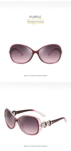 Detail of purple gradient lenses and stylish metal hollowed-out decoration on sunglasses