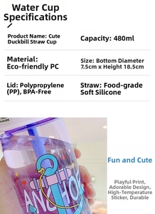 Detail showing 480ml purple plastic cup dimensions and BPA-free material specifications
