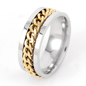 Men's silver and gold rotating chain bottle opener ring made of durable stainless steel