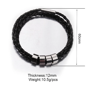 Braided black leather cord bracelet with 4 polished stainless steel DIY slider beads