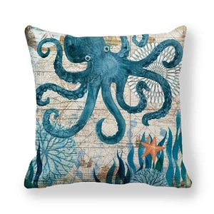 Detail of vintage navy octopus print on thick peach skin fabric throw pillow cover