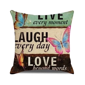 Vintage wood grain cushion cover with butterflies and inspirational quotes