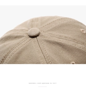 Macro shot of khaki cotton baseball cap top showing double stitching and crown button