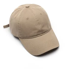 Detail view of khaki cotton baseball cap showing top button and six-panel construction
