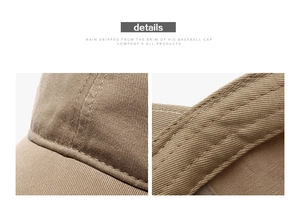 Detailed close-up showing double-stitched khaki cotton twill seams on a baseball cap