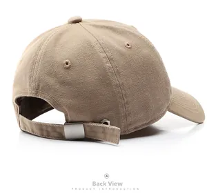 Detail view of khaki cotton baseball cap with adjustable metal buckle and breathable eyelets