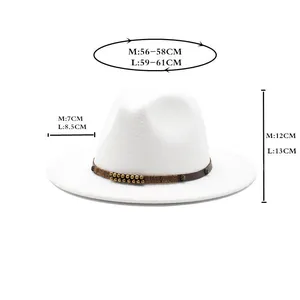 Detailed size chart for wool fedora hat specifying crown height and brim width