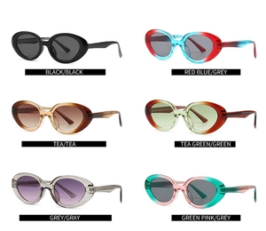 Showcase of oval frame sunglasses in six colors including black, tea, and red blue