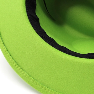 Bright green wool felt fedora hat featuring flat brim stitching and black sweatband