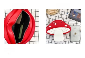 Macro view of mushroom bag interior capacity and size comparison with a tablet
