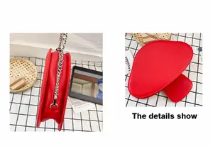 Side view and back detail of a red strawberry-shaped chain bag with metallic zipper