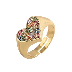 Bohemian gold open ring with heart-shaped colorful zircons and adjustable band