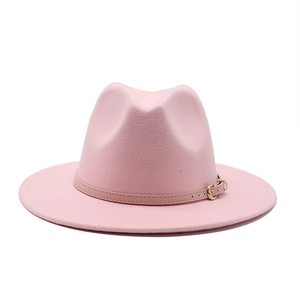 Pink wide brim fedora hat with light brown leather band and metallic buckle for unisex