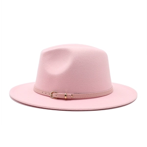Pink wool fedora hat with flat brim and decorative belt buckle for men and women