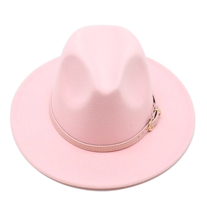 Close-up of pink wool fedora hat showing fine suede texture and belt with gold buckle