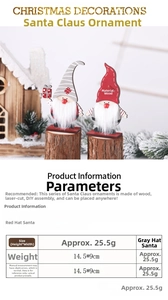 Size chart for wooden Christmas gnome ornaments showing dimensions for red and gray styles