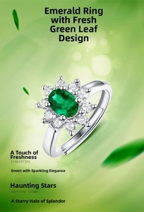 Detail of adjustable 925 silver ring featuring an emerald main stone with halo diamonds