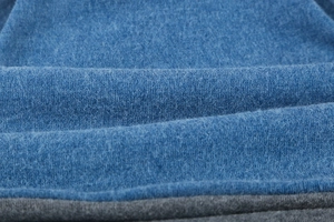 Macro view of blue and gray knitted windproof hat showing soft fabric fiber texture