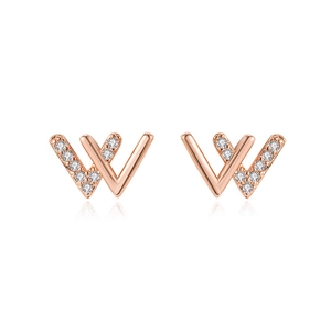 Elegant rose gold W-shaped letter stud earrings featuring sparkling zircon micro-paving