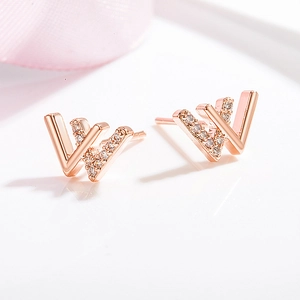 Elegant rose gold V-shaped letter stud earrings with sparkling crystal rhinestones