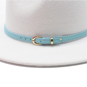 British style wool fedora in off-white featuring a light blue leather band with gold buckle
