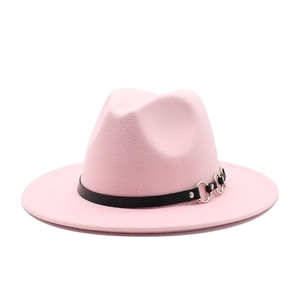 Pink wool fedora hat with wide brim featuring a black leather band and silver ring detail