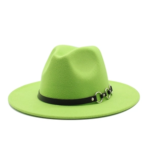 Detail of neon green wool fedora hat with black leather band and silver metal rings