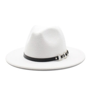 Elegant white flat brim wool fedora hat with black leather band and silver rings