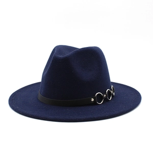 Classic dark blue wool fedora hat with black leather belt and silver metal ring accents