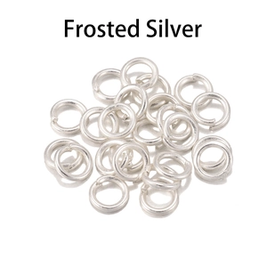 Macro shot of multiple frosted silver jump rings for jewelry making on white background