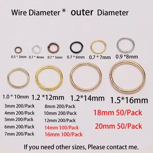 Size chart for DIY open jump rings in various diameters for jewelry making projects