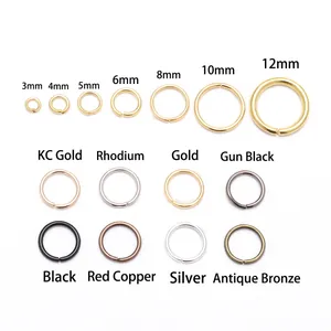 Detailed size guide for DIY open jump rings in various diameters and metallic finishes