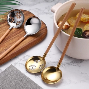 Japanese Style 304 Stainless Steel Soup Spoon With Beech Wood Handle Slotted Colander Mirror Polished Kitchen Tableware