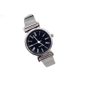 Elegant silver mesh band watch with a classic black dial and Roman numerals for women