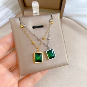 Square Green Gemstone Pendant Necklace Titanium Steel Gold Plated Minimalist Geometric Beaded Chain For Women