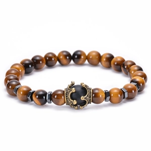Natural tiger eye stone beaded bracelet with vintage golden crown charm for men