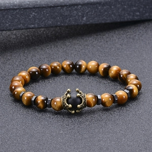 Natural tiger eye stone beaded bracelet with bronze crown charm and matte black bead accent