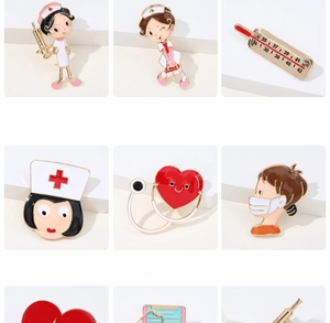 Detailed grid view of medical enamel pins including thermometer and nurse designs