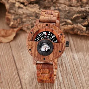 Macro shot of multifunctional wooden watch featuring a rotating dial and embedded compass