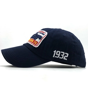 Close-up of vintage navy blue baseball cap with Arizona embroidery and washed cotton texture