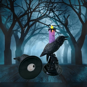 Halloween crow tea light holder with purple LED candle and spooky skull base decoration