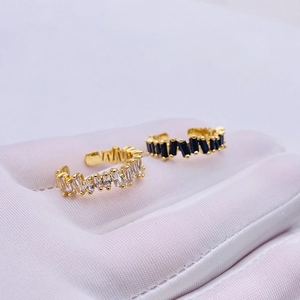 Adjustable gold open ring with micro-paved rectangular zircons in clear and black colors
