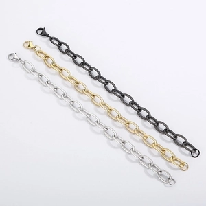 Macro detail of titanium steel chain bracelets in silver, gold, and gun black finishes