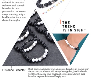 Detail of 12 zodiac bracelets with natural white turquoise and black lava stones for couples