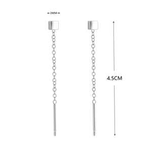 Detail of s925 silver tassel earrings showing 3mm square stud and 4.5cm chain length